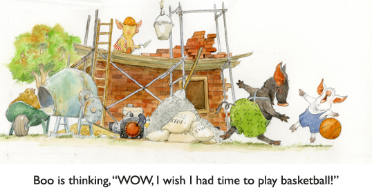 Boo Builds a Brick House.  The third little pig works while the first two pigs play… just like in the original Three Little Pigs fairy tale.